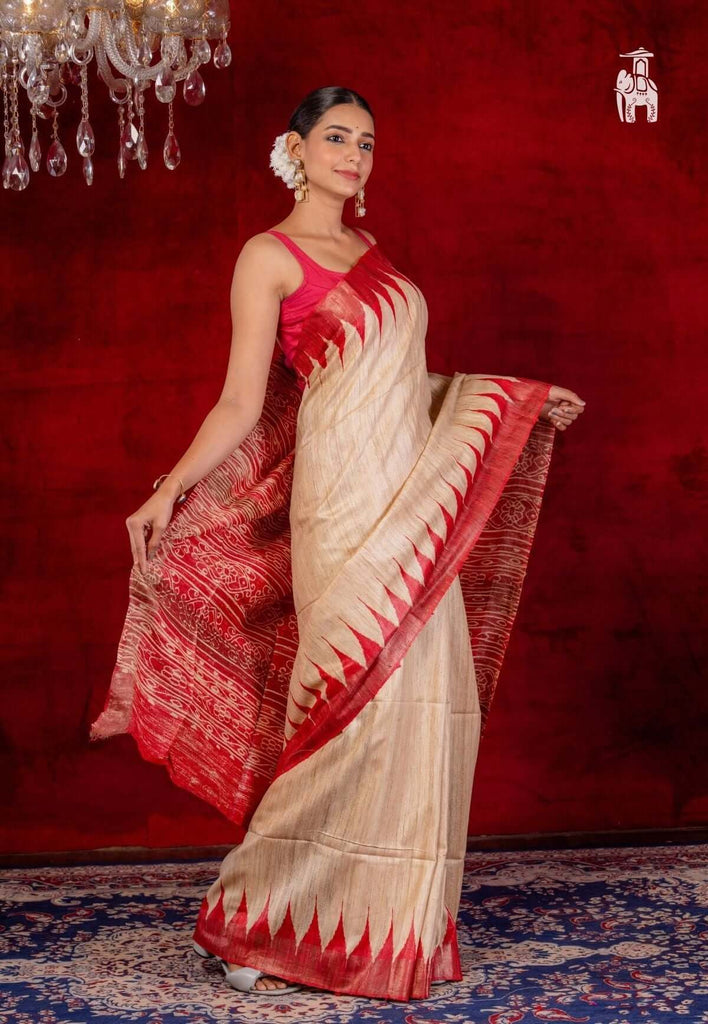 Off White With Red ghicha tussar silk saree