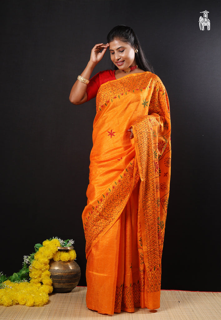 Orange Wool Kantha Stitch Saree