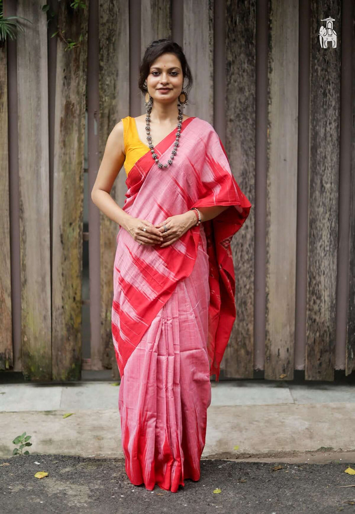 Pink Ikkat Cotton Saree with Red Border