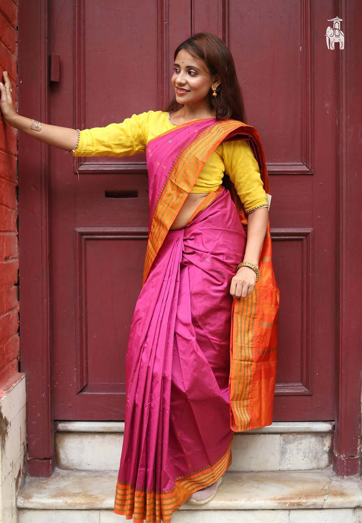 Pink Kanjivaram Silk Saree with Orange Border