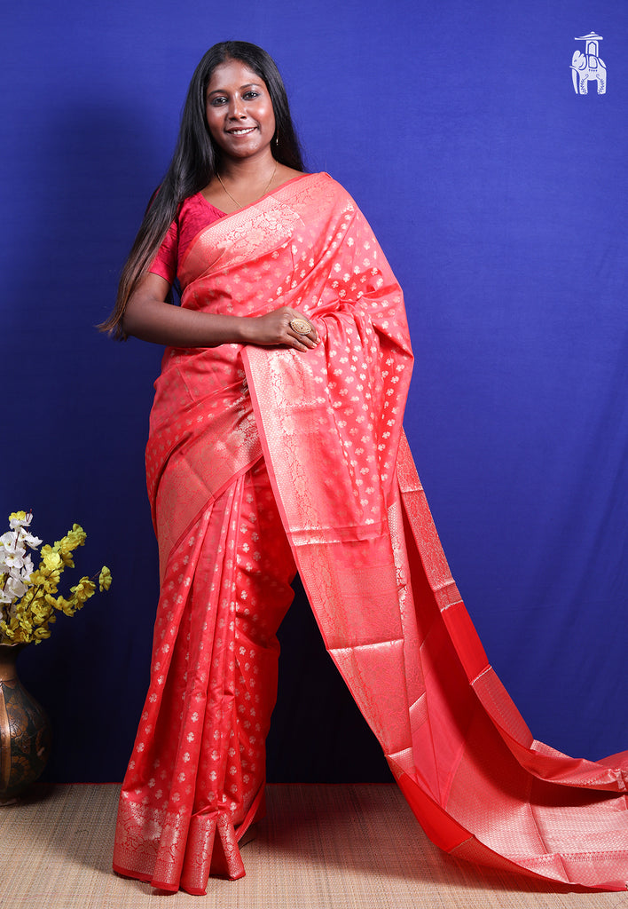 Pinkish Red Dupion Silk Saree