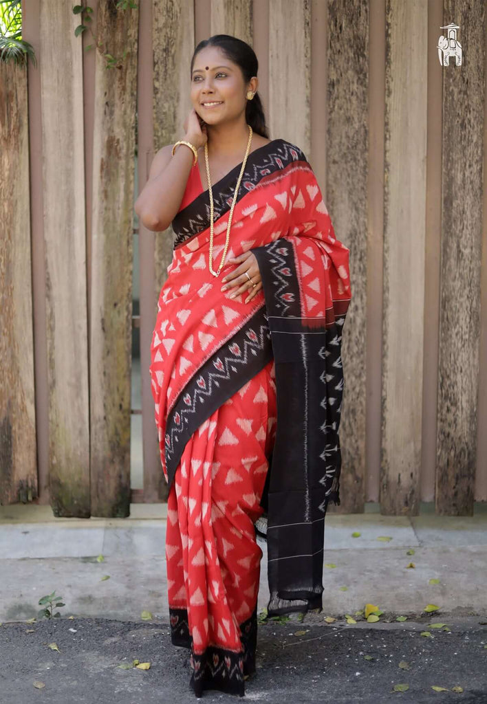 Red Ikkat Cotton Saree with Black Border