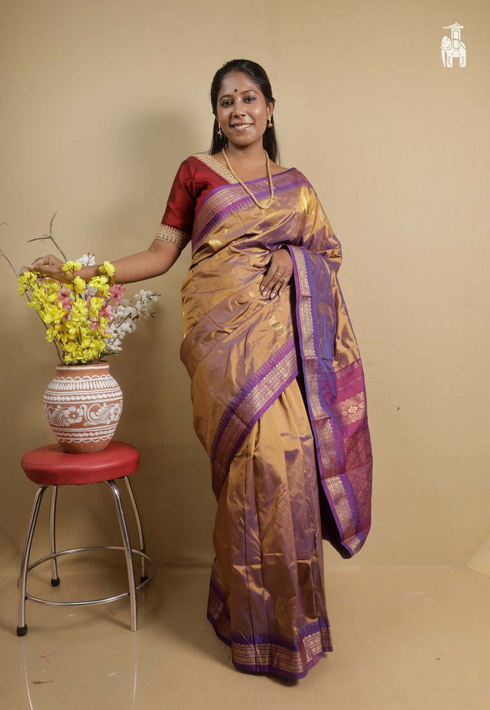 Rust Kanjivaram Silk Saree with Purple Border