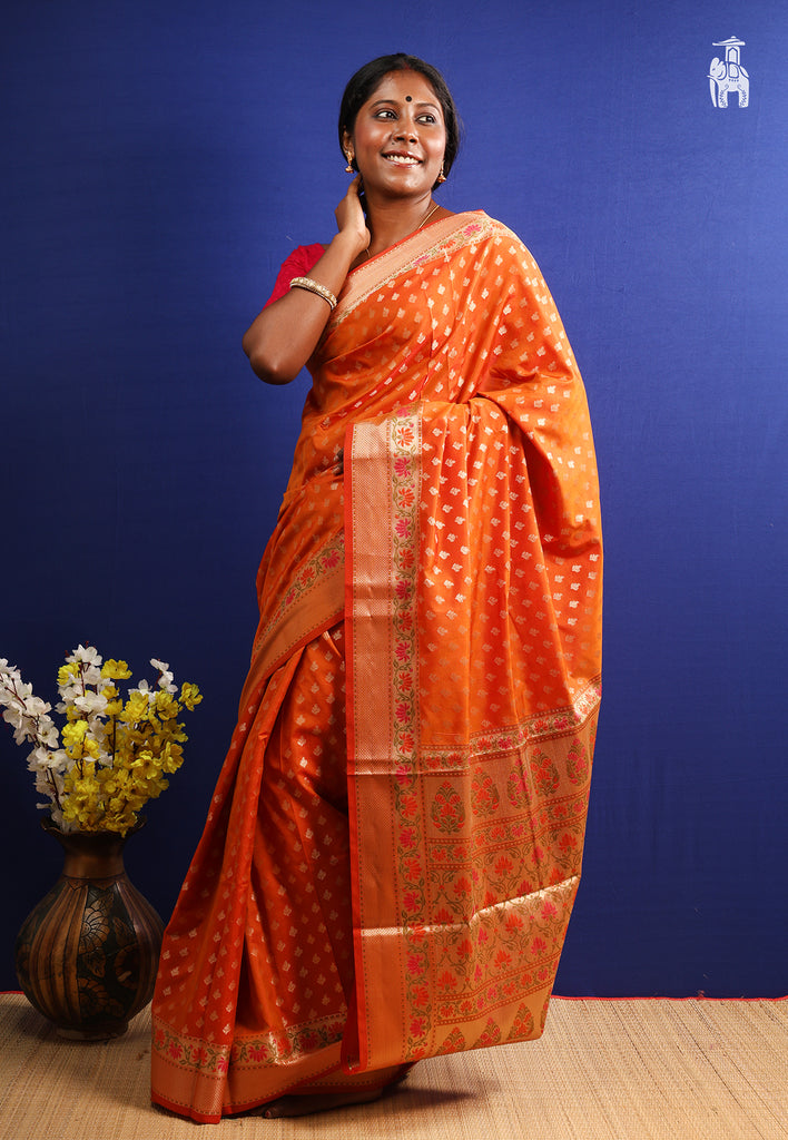 Sunset Orange Dupion Silk Saree