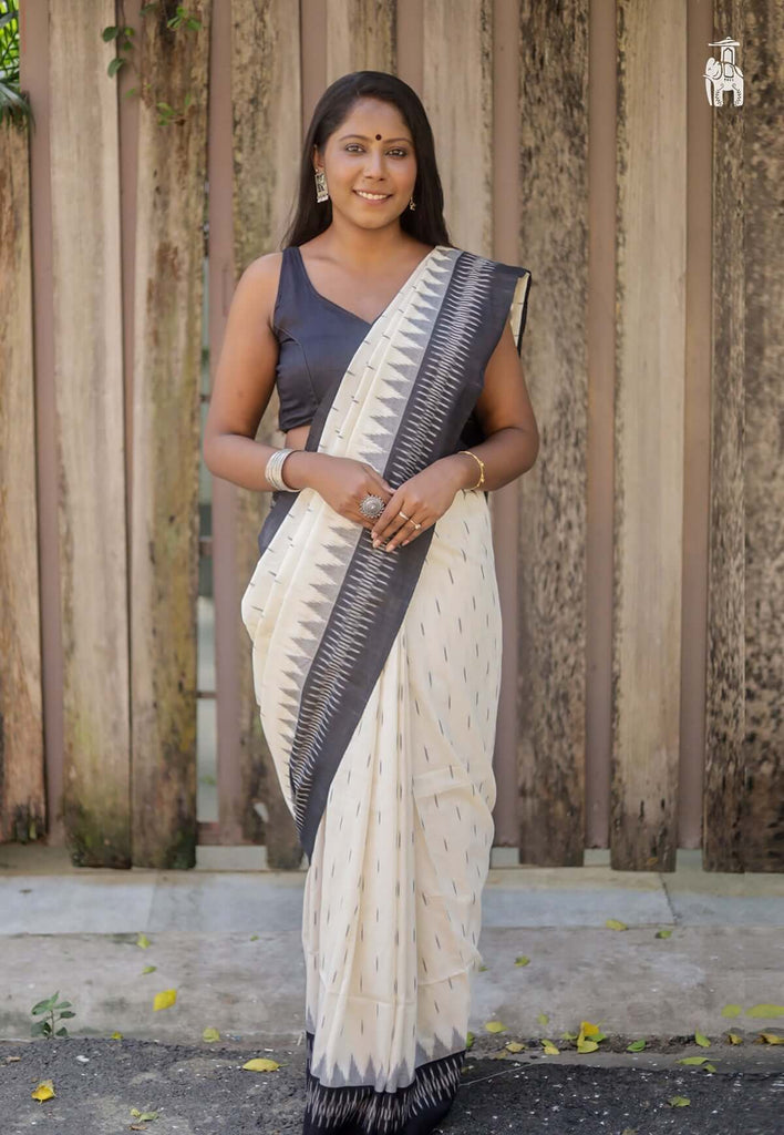 White Ikkat Cotton Saree with Black Border