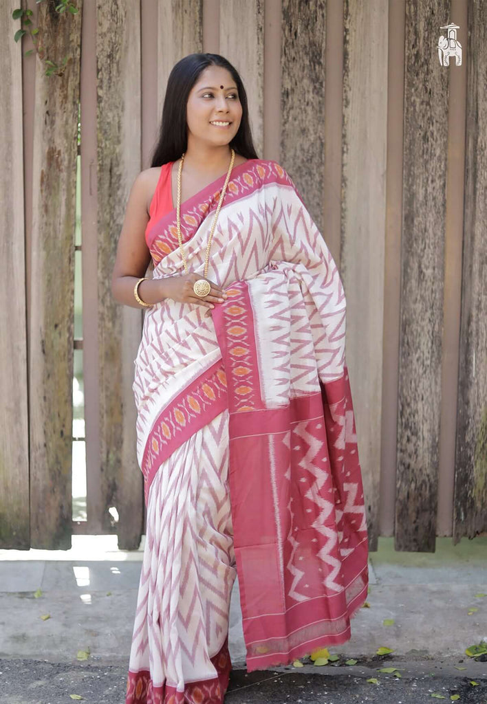 White Ikkat Cotton Saree with Maroon Border