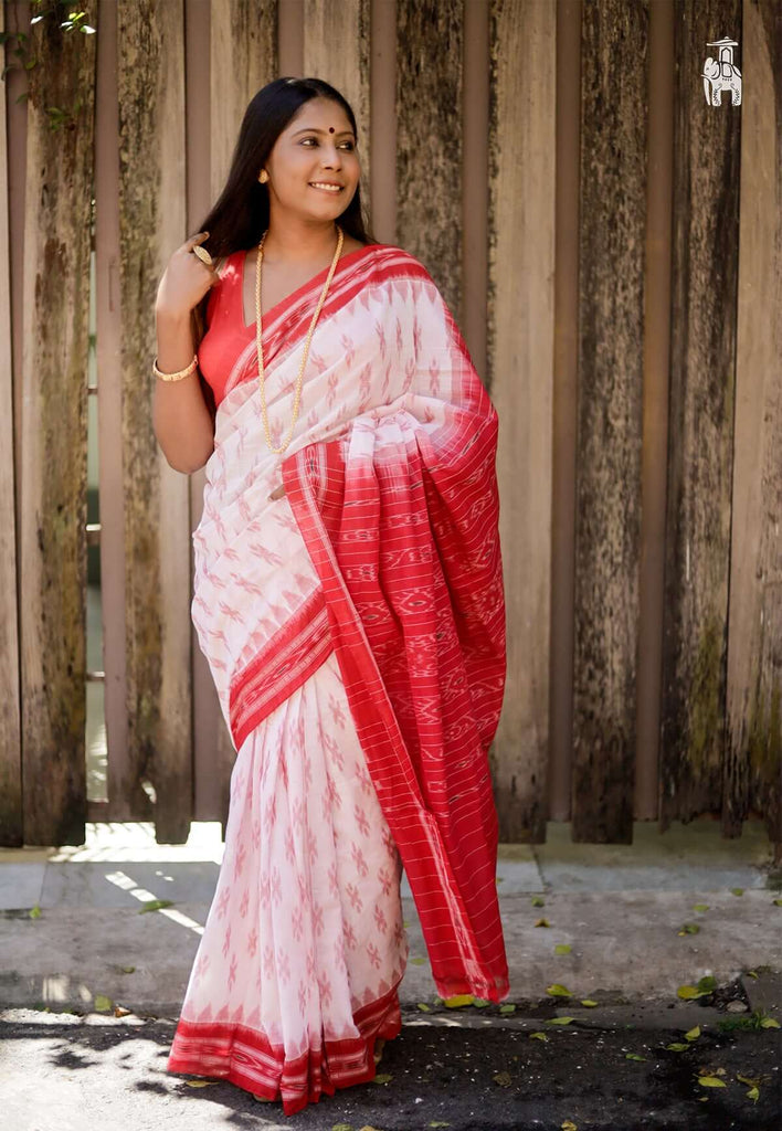 White Ikkat Cotton Saree with Red Border