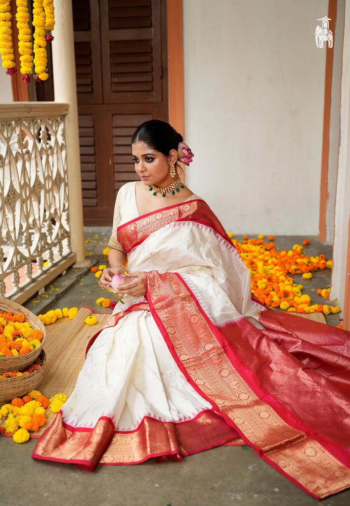 White Pure Kanjivaram Silk Saree with Red Border