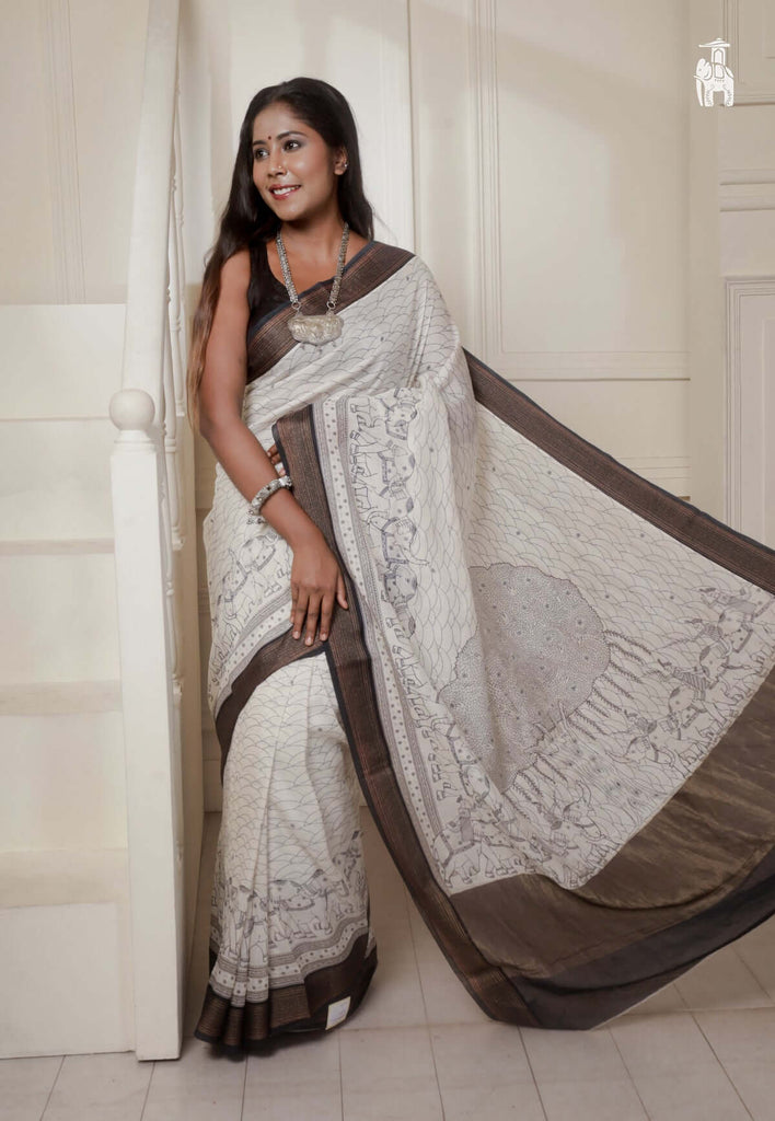 White Linen Tussar Saree 