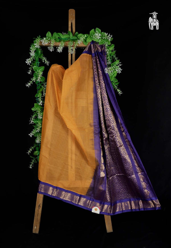 Yellow Cotton Gadwal Saree with Blue Border