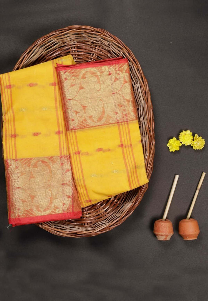 Golden yellow tant saree for saraswati puja