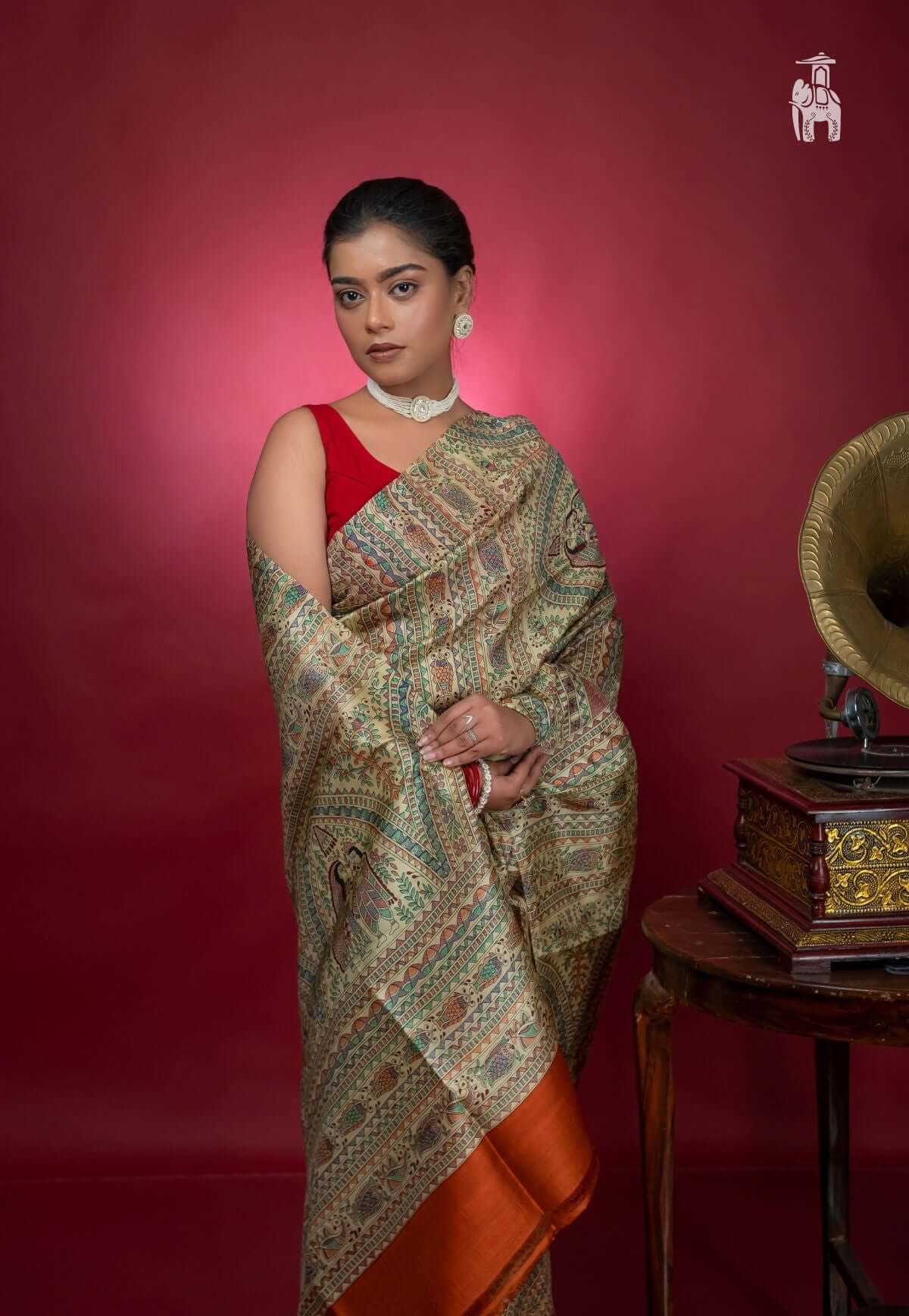 Madhubani Painted Ghicha Tussar Silk Saree